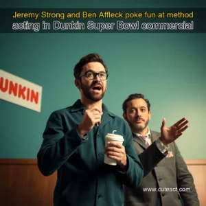 Artistic representation for Jeremy Strong and Ben Affleck poke fun at method acting in Dunkin Super Bowl commercial