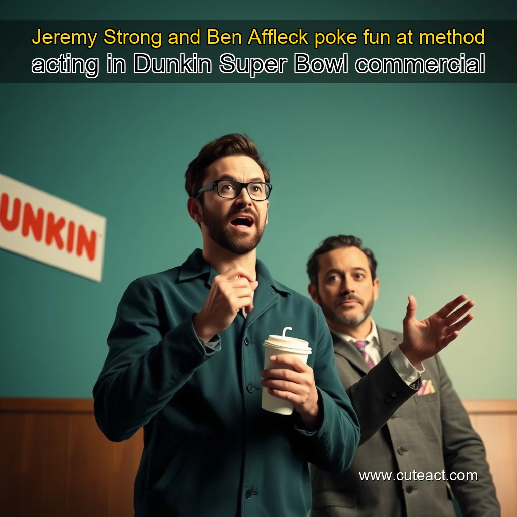 Artistic representation for Jeremy Strong and Ben Affleck poke fun at method acting in Dunkin Super Bowl commercial